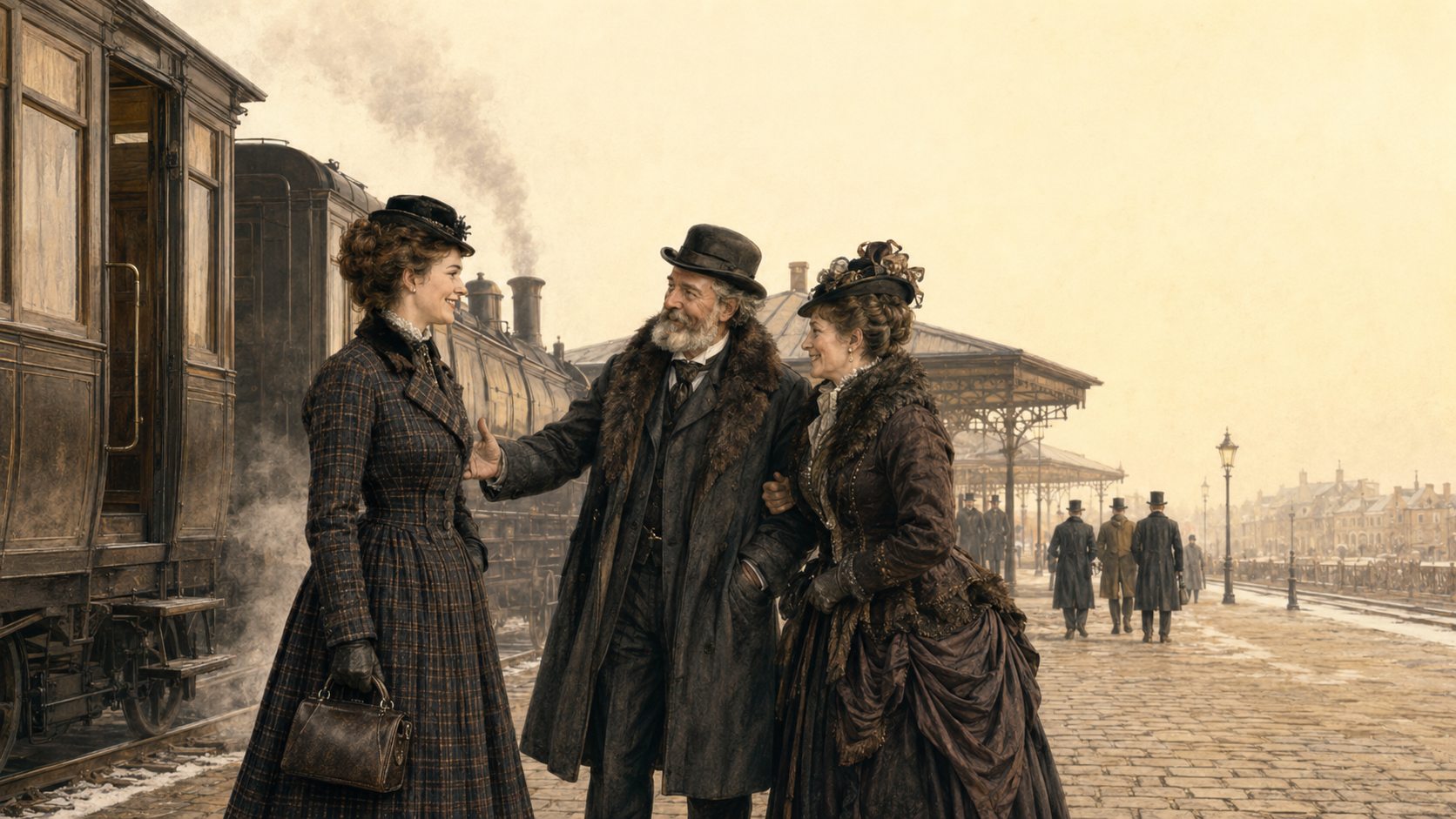 Victorian-era illustration of a woman traveler greeting an older couple beside a steam train.