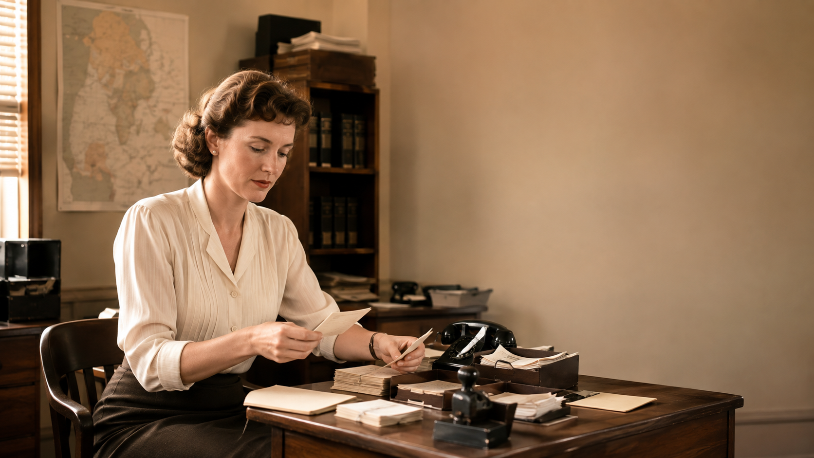 A young Julia Child at a 1940s office desk with files, maps, and a signalling mirror from her wartime service