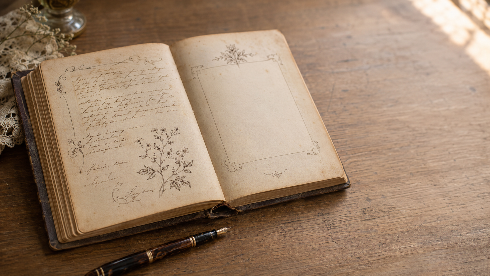 An open Victorian friendship album with handwritten notes, small drawings, botanical details, and a fountain pen on a wooden table