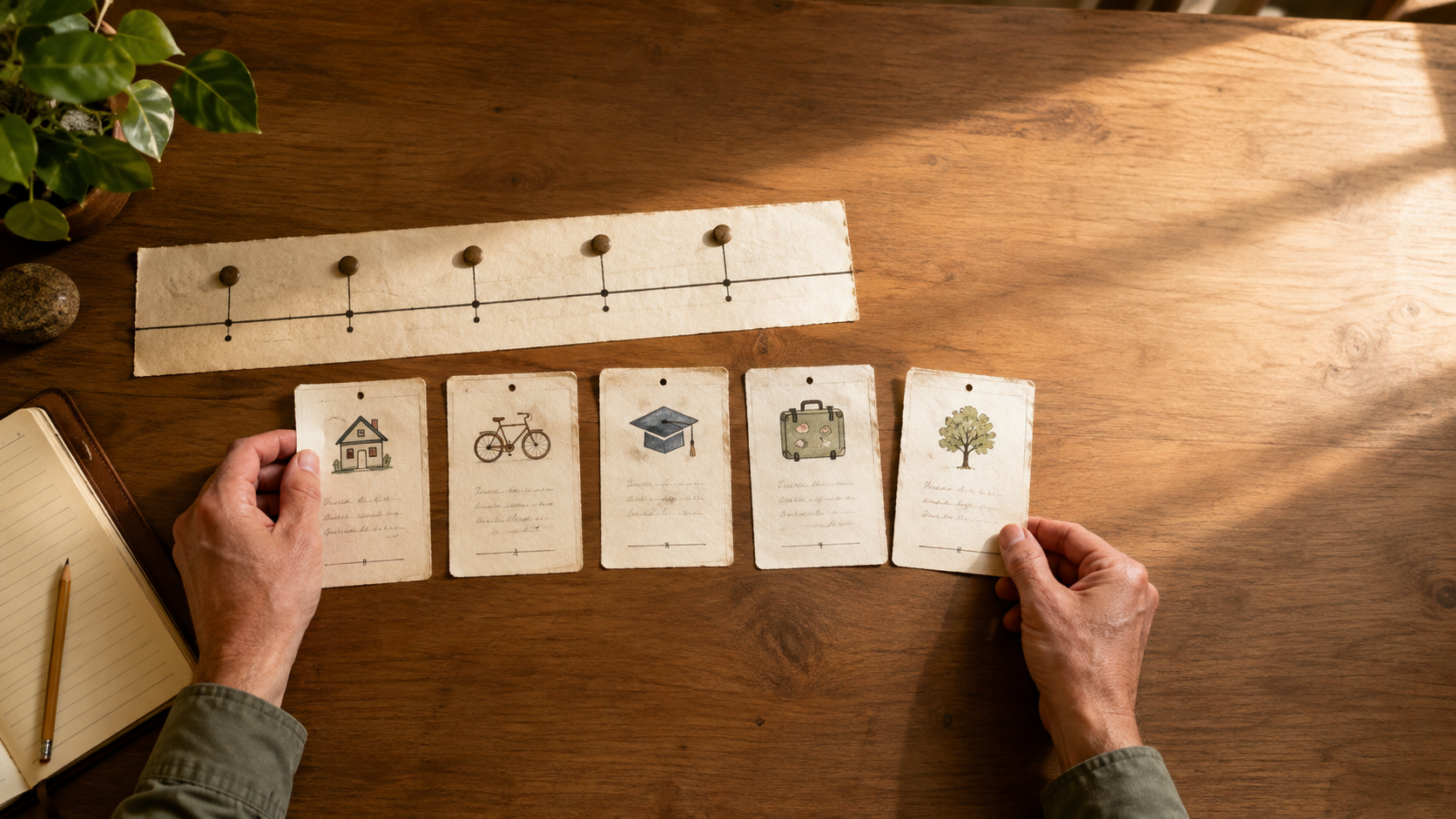 An adult memoir writer arranging handwritten life events and turning-point cards across a desk