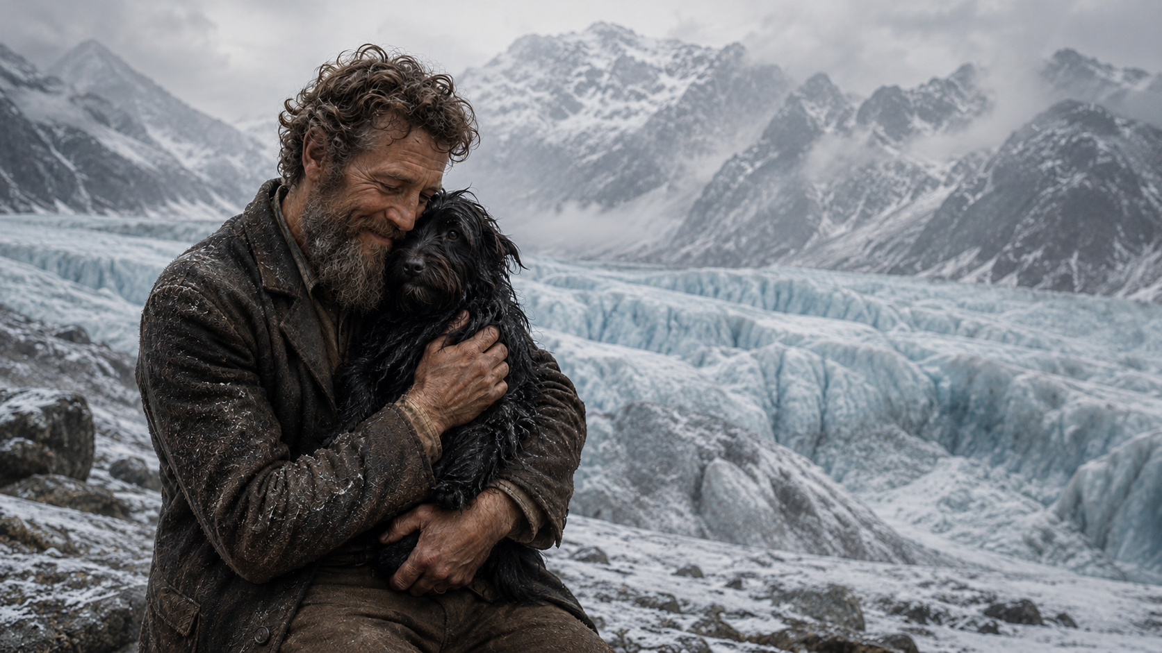 John Muir and the small dog Stickeen beside a narrow ice bridge on an Alaskan glacier in storm light