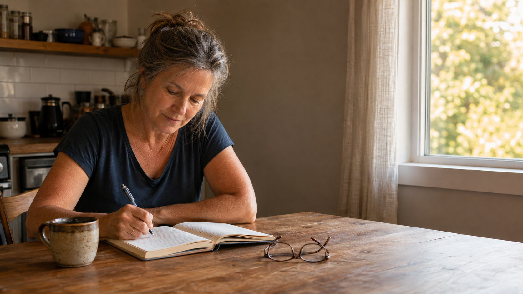 An adult writing a short ordinary-day journal entry at a kitchen table in warm evening light