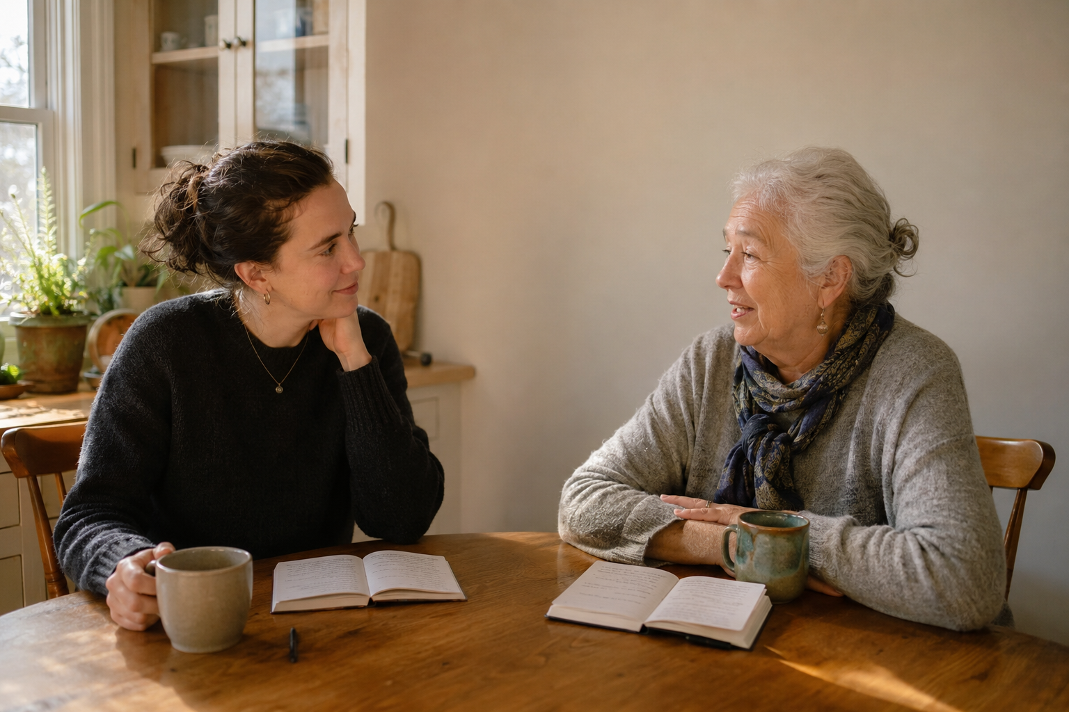 An older and younger adult relative comparing handwritten timelines during a warm family conversation