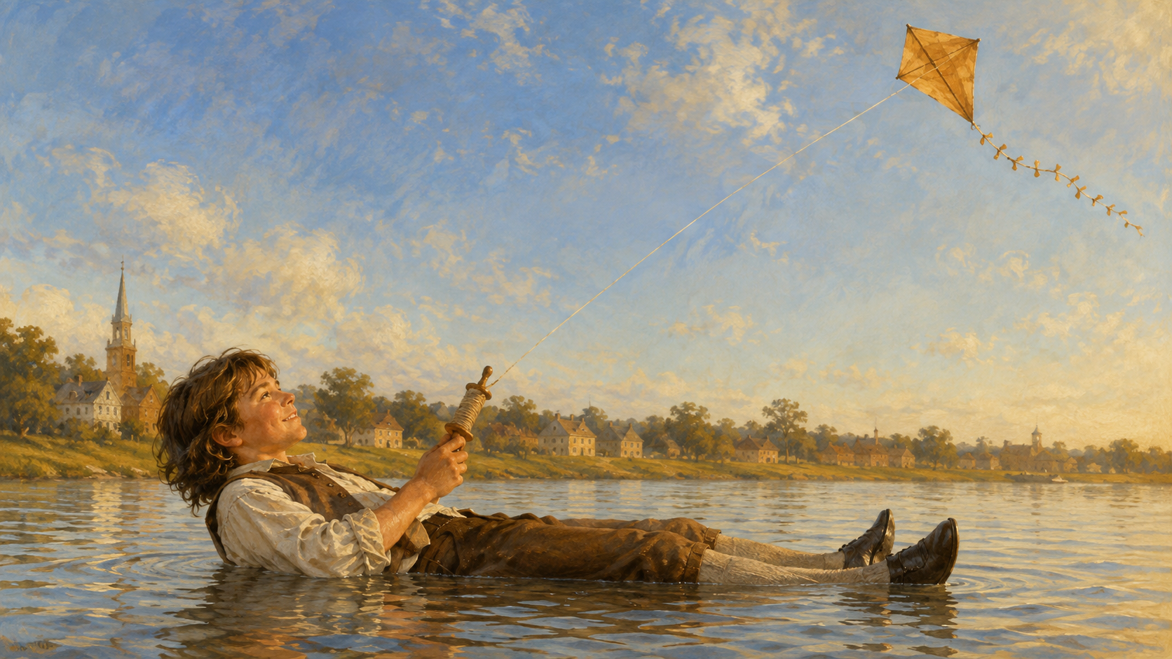 A young Benjamin Franklin floating across a sunlit pond while holding the string of a paper kite