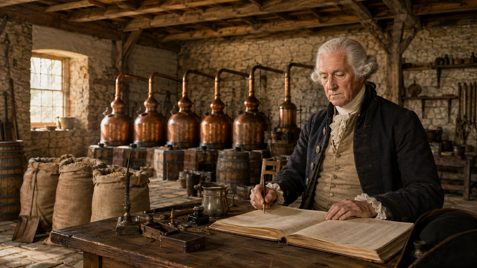 George Washington reviewing a distillery ledger beside grain sacks and copper stills at Mount Vernon