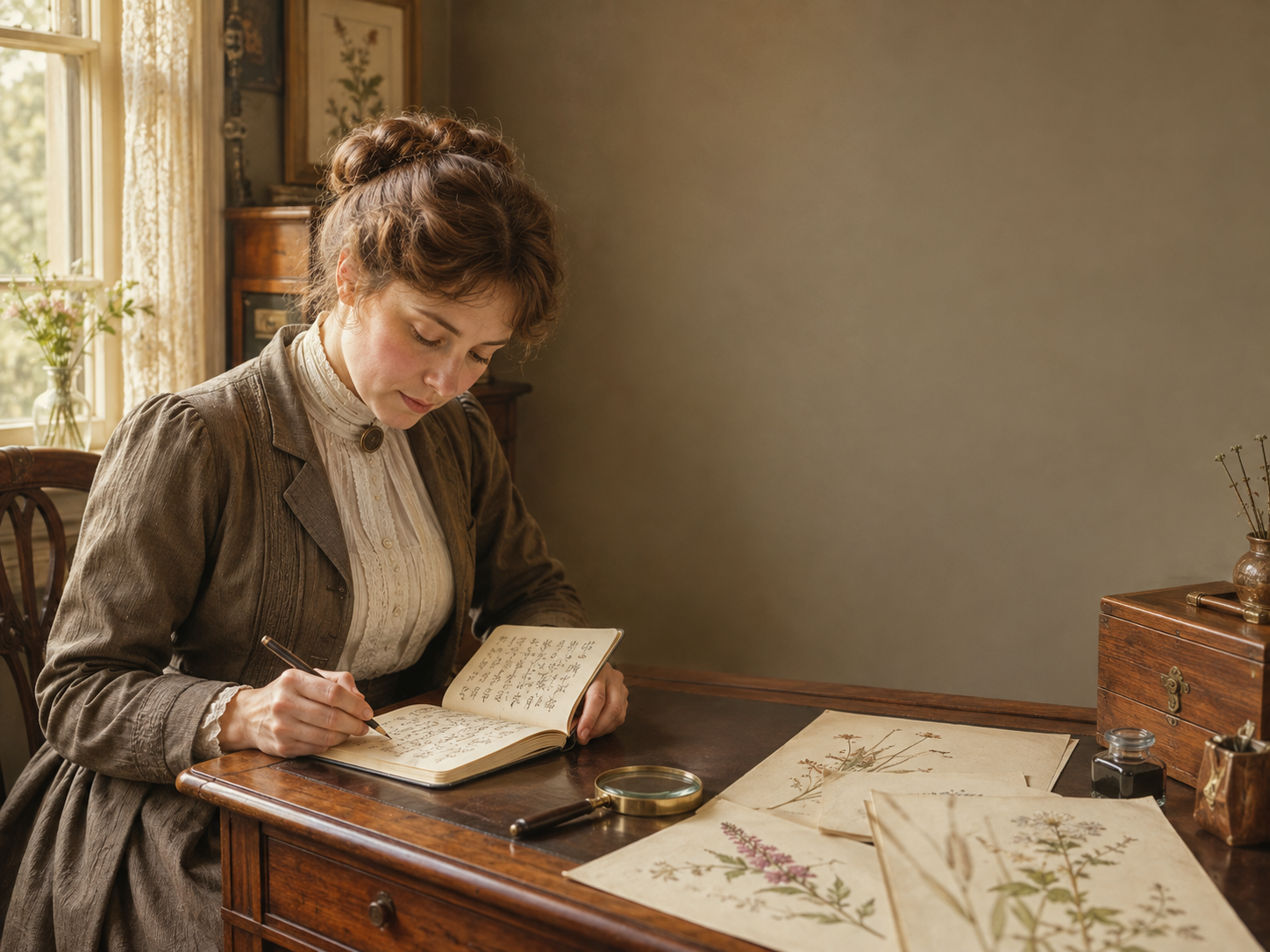 A young Beatrix Potter writing coded journal symbols at a Victorian desk with botanical sketches nearby
