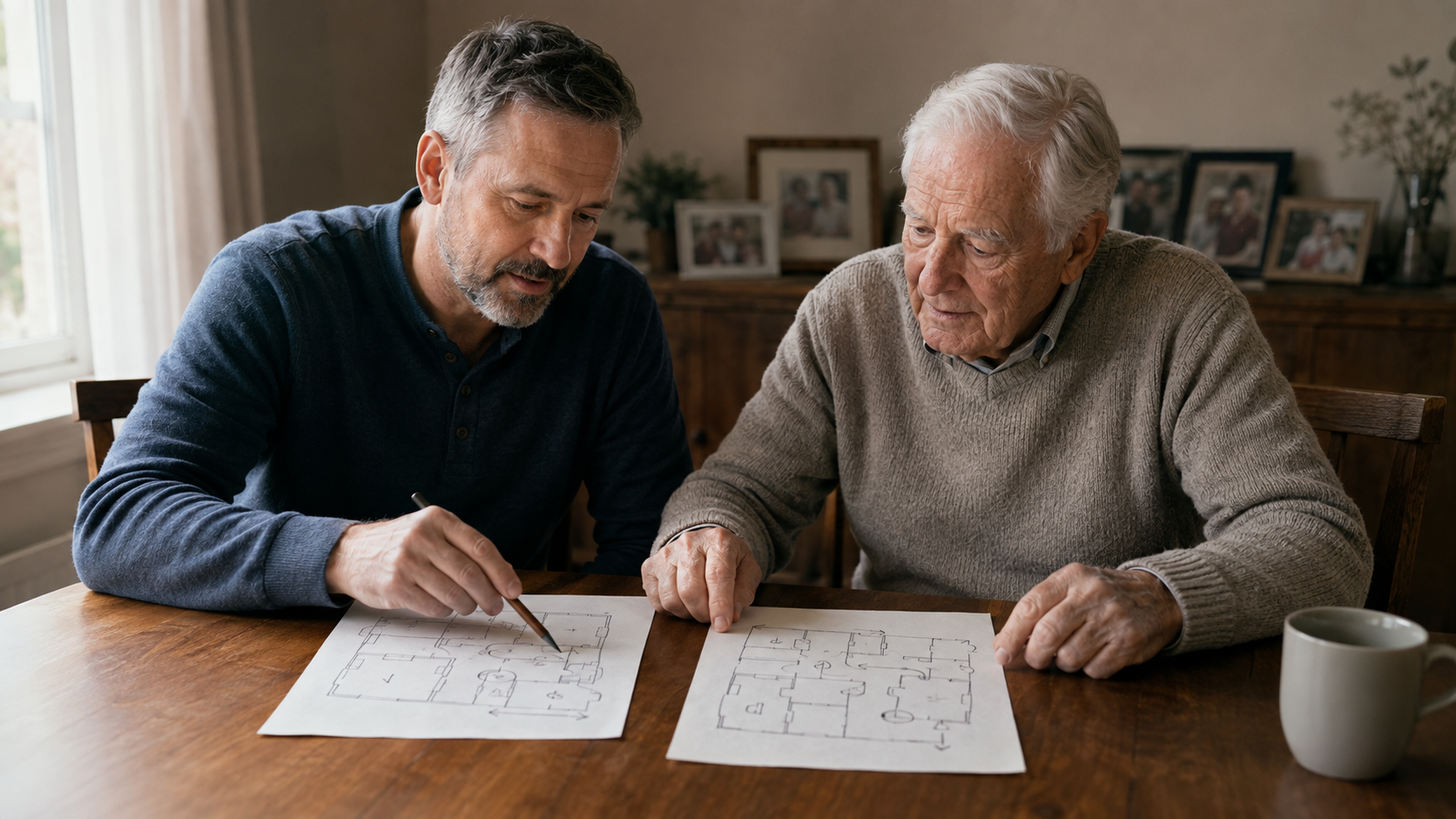 An adult memoir writer drawing a map of a remembered neighbourhood beside an archival street map