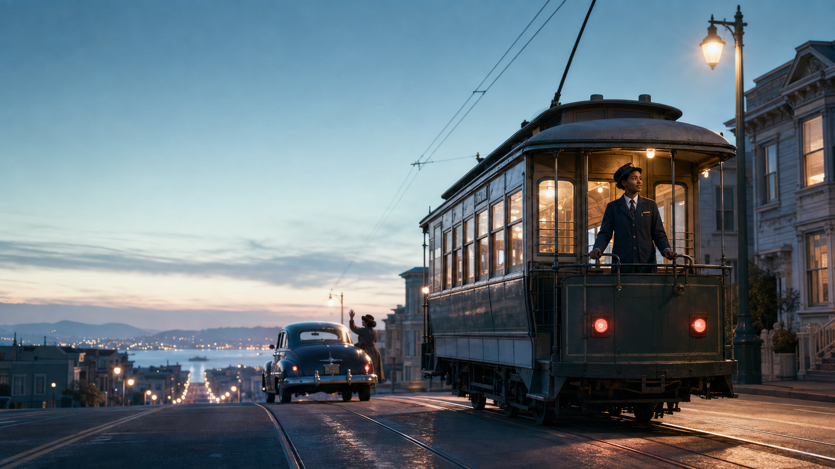 A teenage Maya Angelou in a 1940s streetcar conductor uniform on the rear platform of an electric streetcar