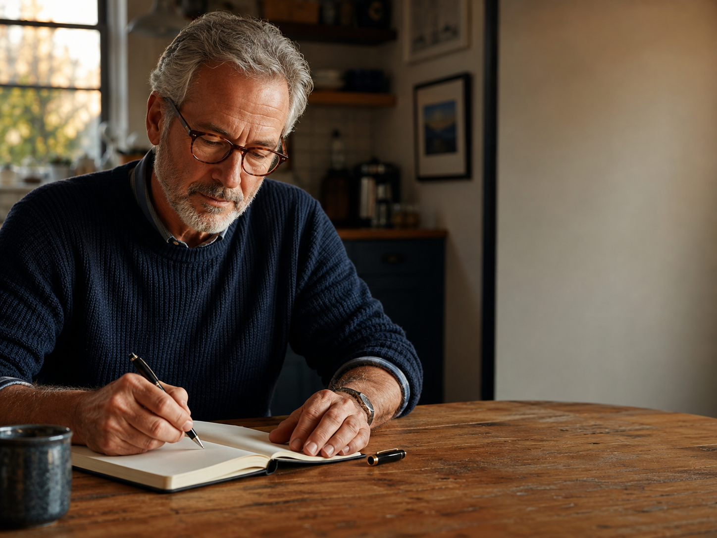 An adult drafting a short personal credo beside a notebook in warm window light