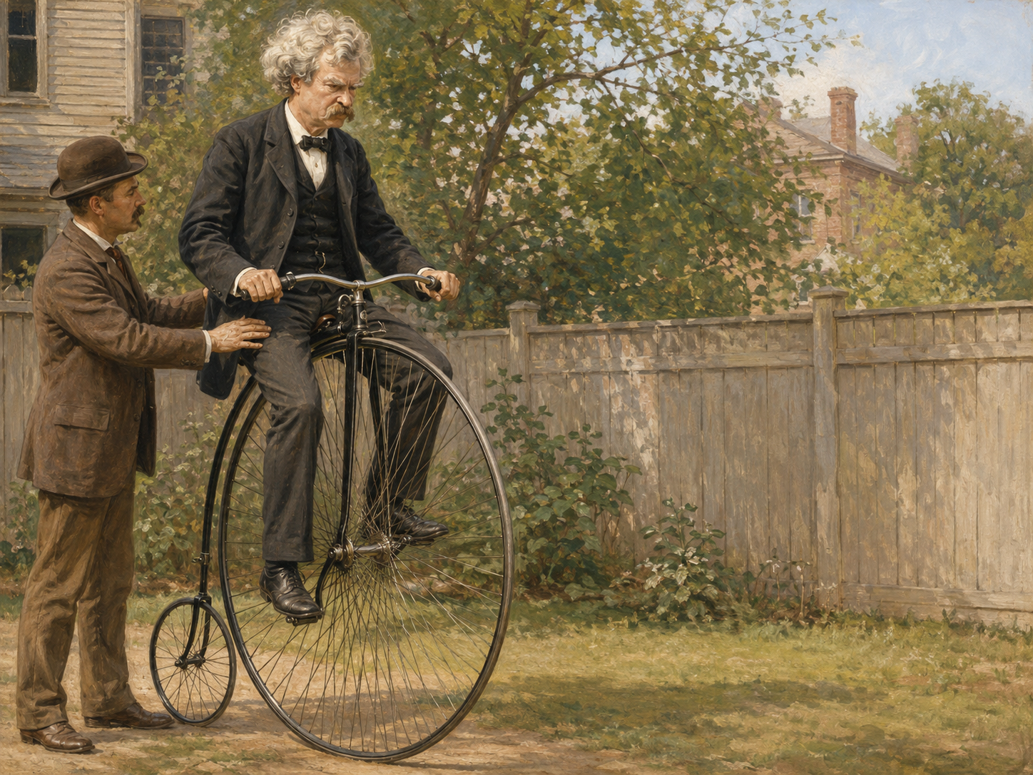 A middle-aged Mark Twain cautiously learning to ride a high-wheel bicycle in an 1880s Hartford back yard