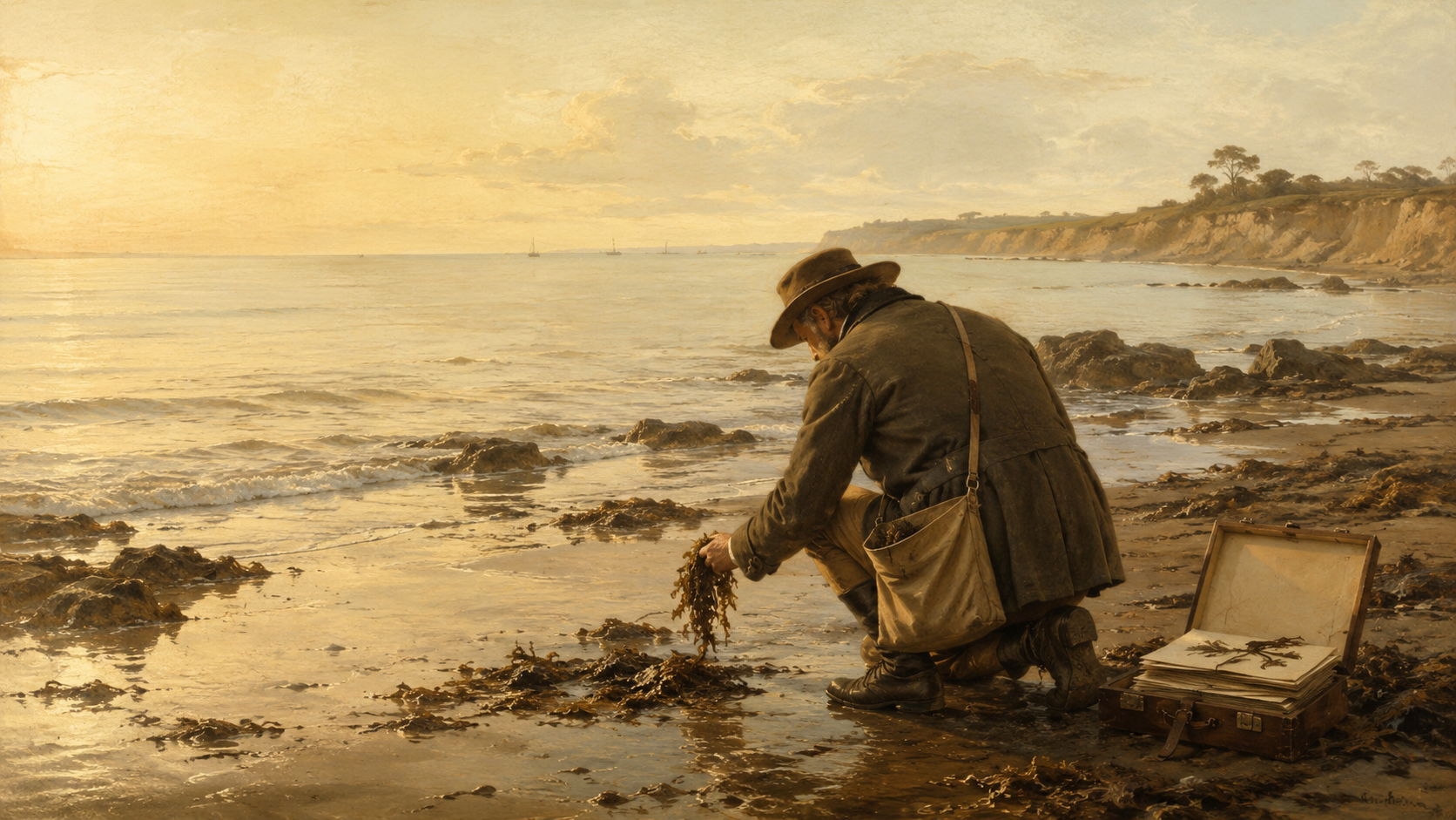 An open nineteenth-century album of delicate pressed seaweed beside handwritten location labels and a map of an ocean journey