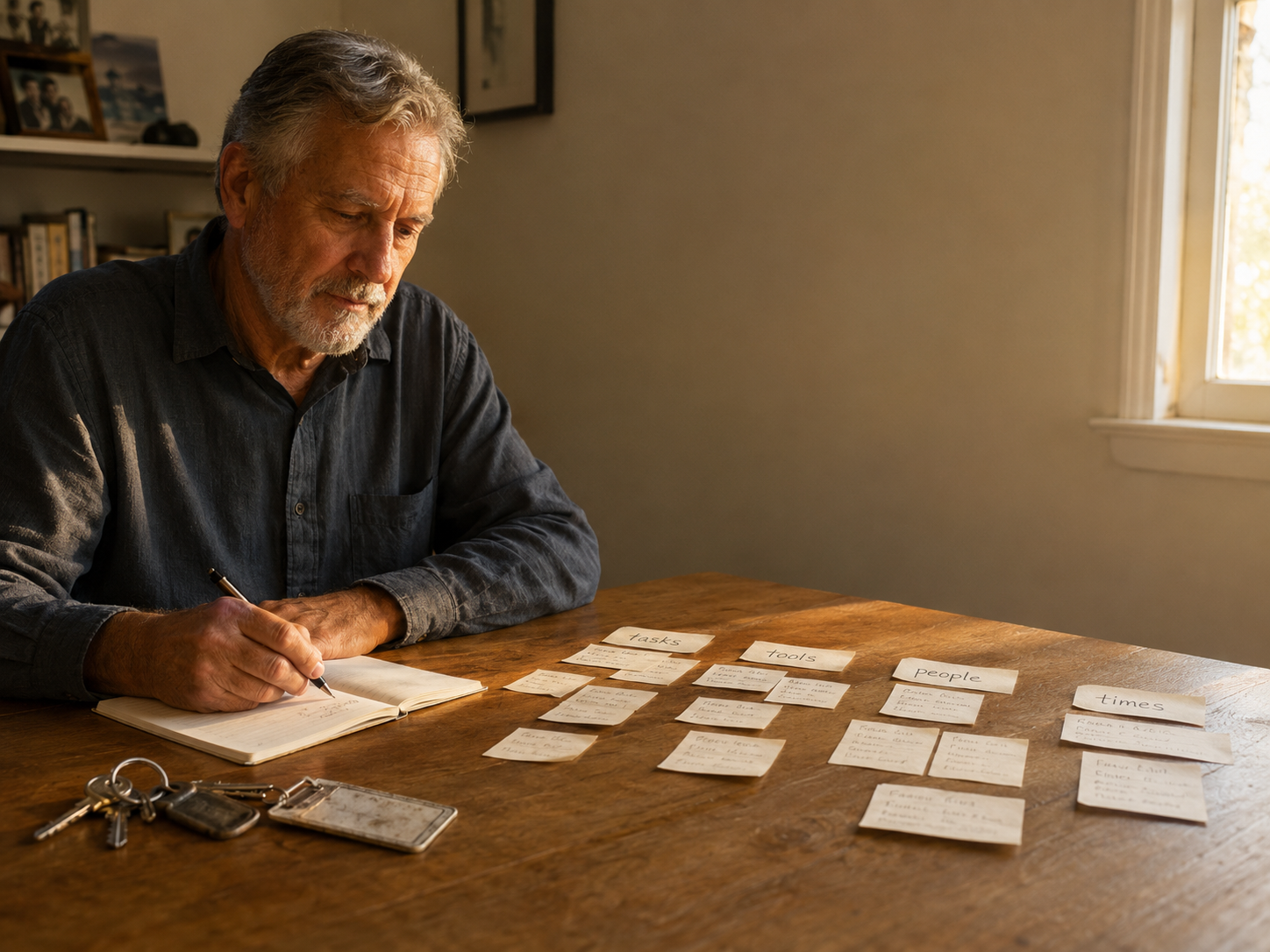 An adult memoir writer reconstructing a former work shift with notes about tools, tasks, colleagues, and workplace routines