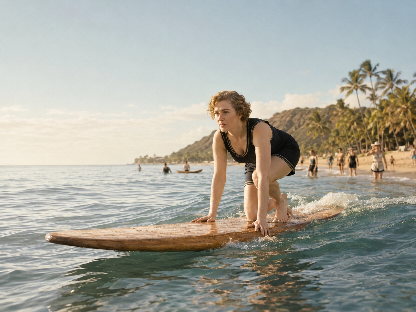 Agatha Christie rising to stand on a long wooden surfboard at Waikiki in 1922