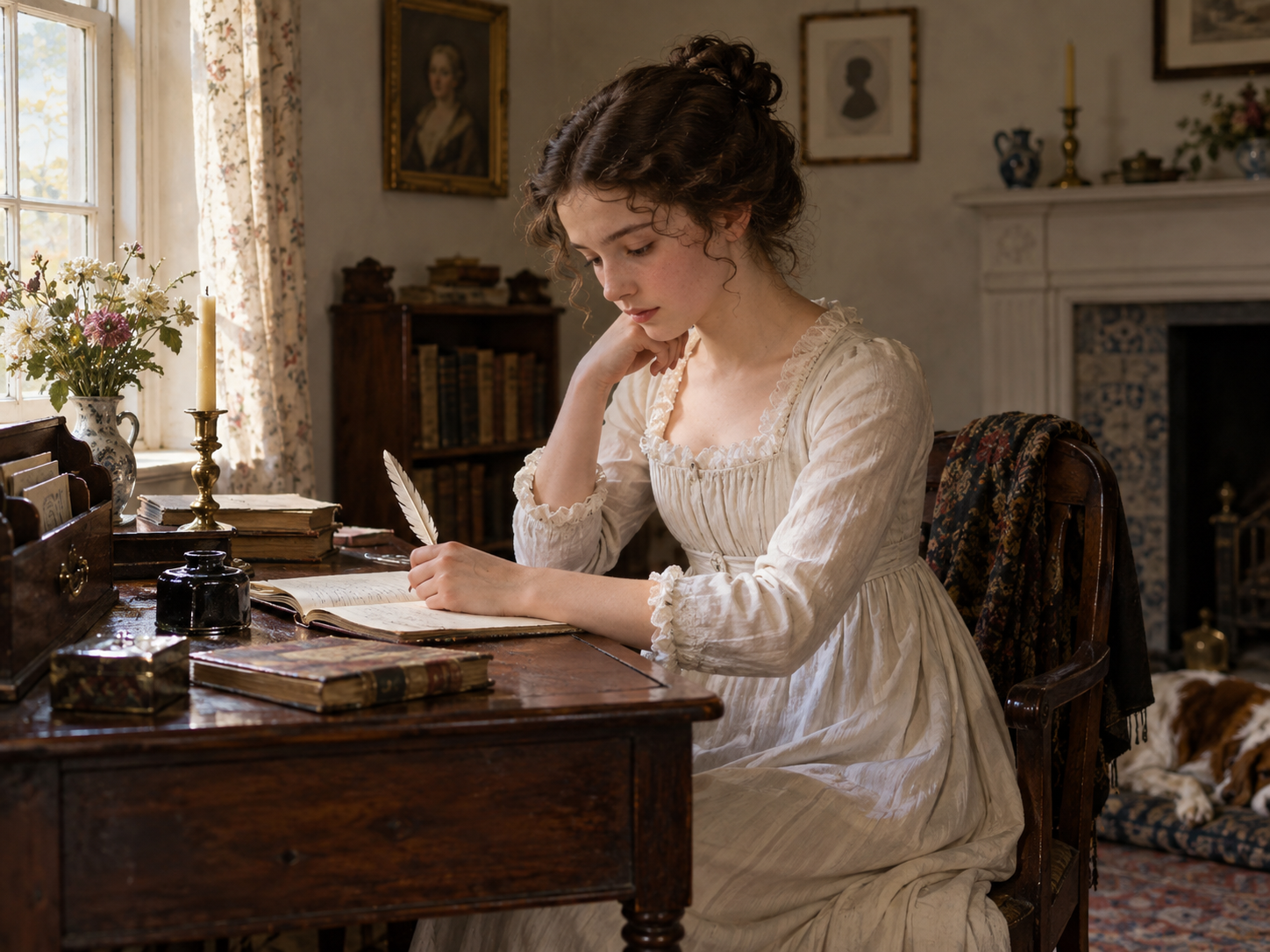 An open eighteenth-century handwritten notebook with satirical history pages, small painted royal portraits, and a family writing desk