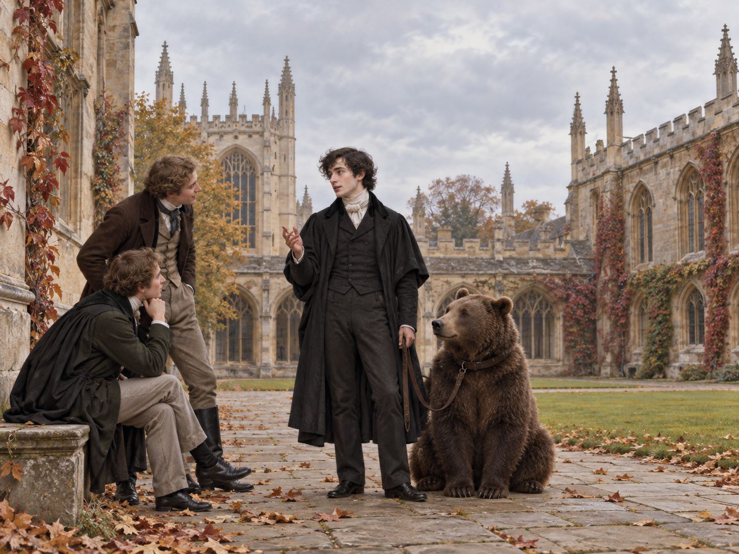 A warm documentary-style illustration of a young Lord Byron’s study with an open letter, quill, and a tame bear nearby