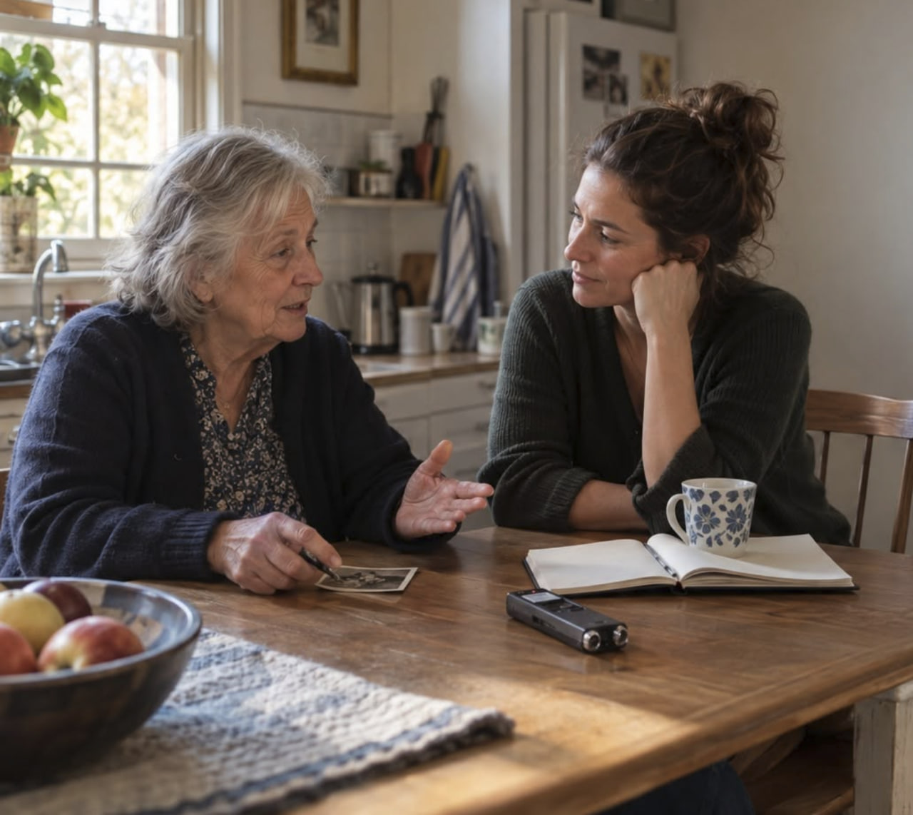 An adult memoir writer sorting handwritten scene notes into remembered, inferred, and unknown details at a quiet desk