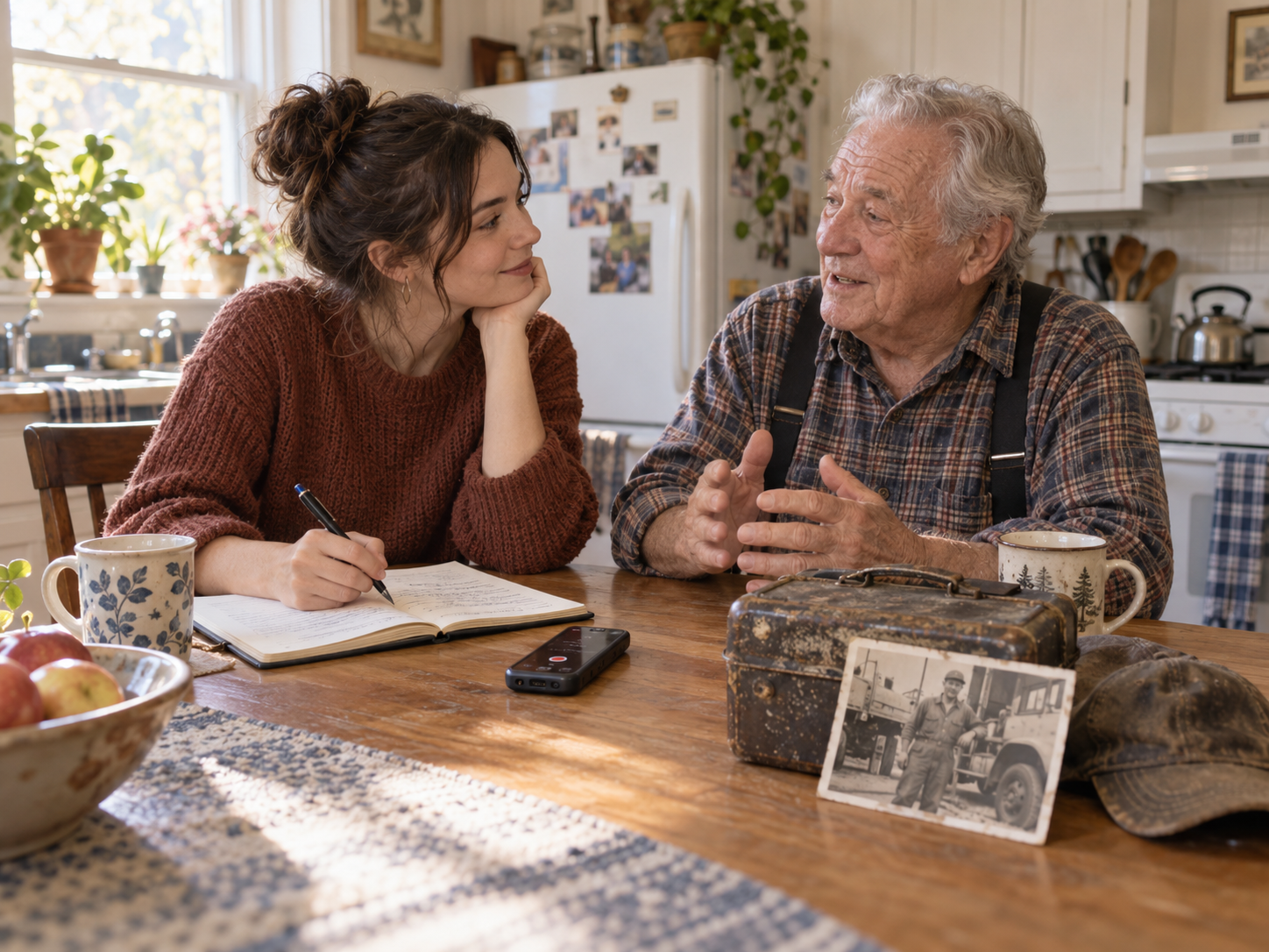 A young adult recording an older relative’s first-job memories at a kitchen table with a notebook and old work keepsake