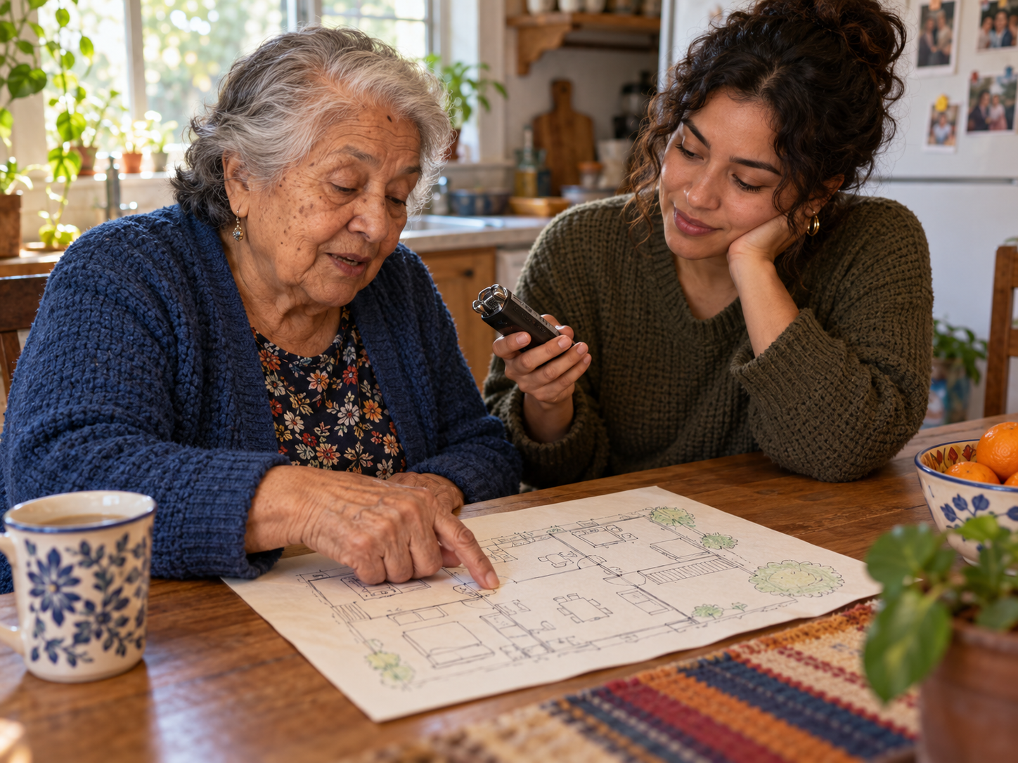 An older and younger adult relative looking at a simple floor plan while recording memories of a childhood home