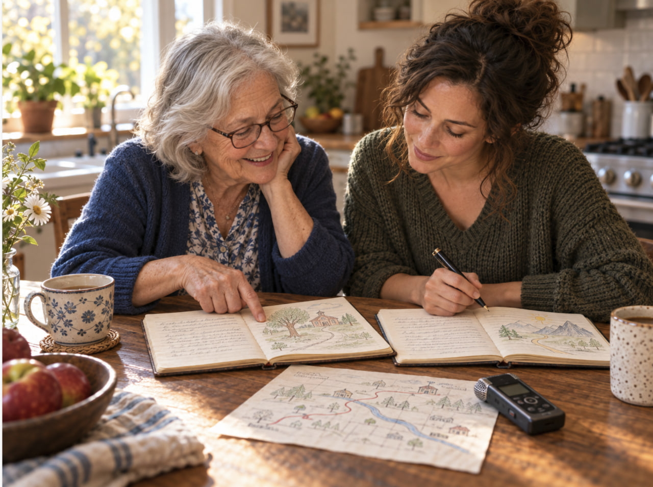 An older and younger relative comparing school-day memories with notebooks and a small recorder at a kitchen table